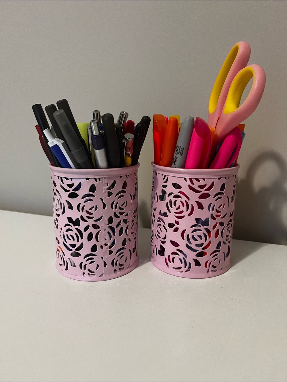 Pink Floral Metal Desk Pen Holders or make up brush holders- Set of 2